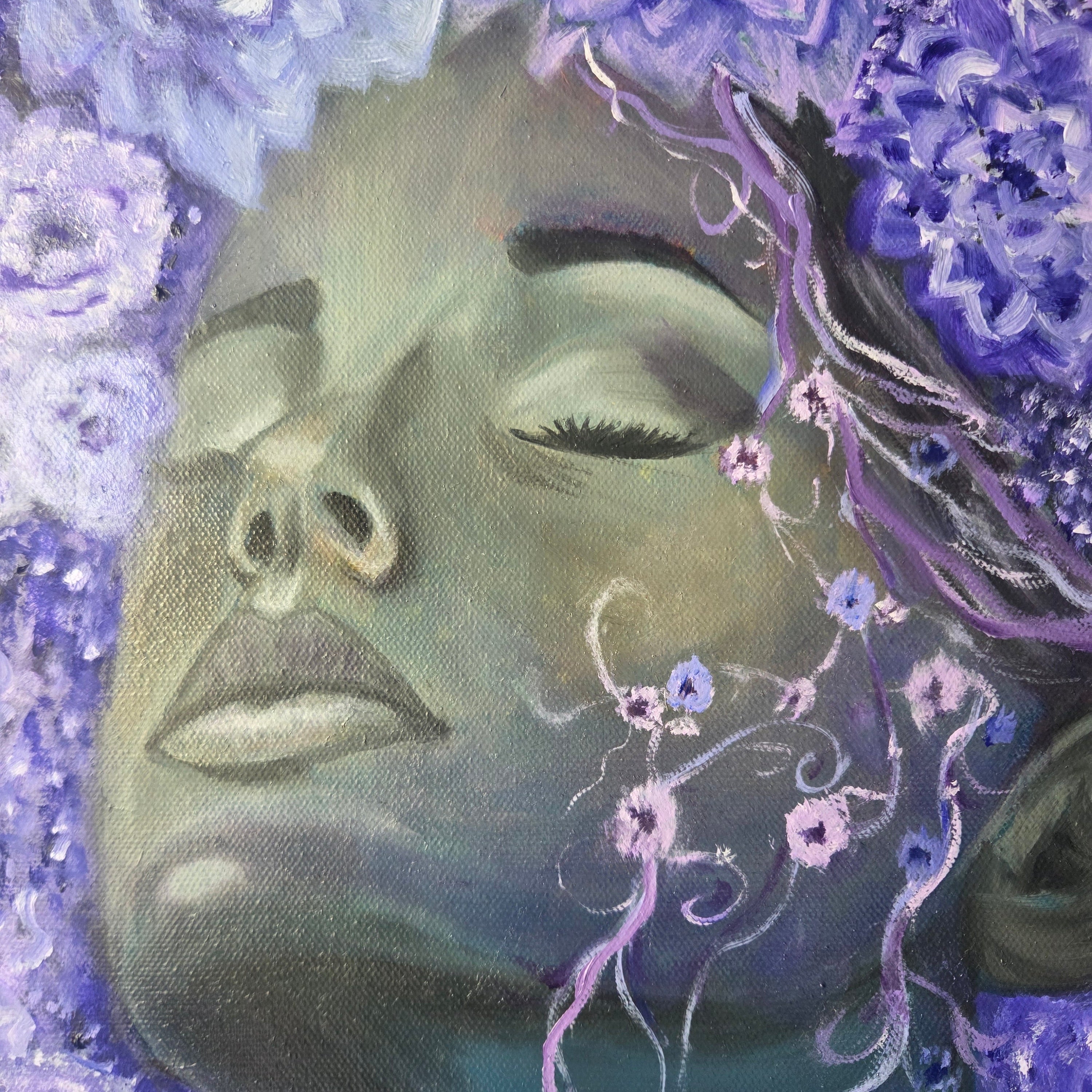 A close-up painted portrait of a woman with closed eyes, surrounded by purple and lavender flowers and floral vines.