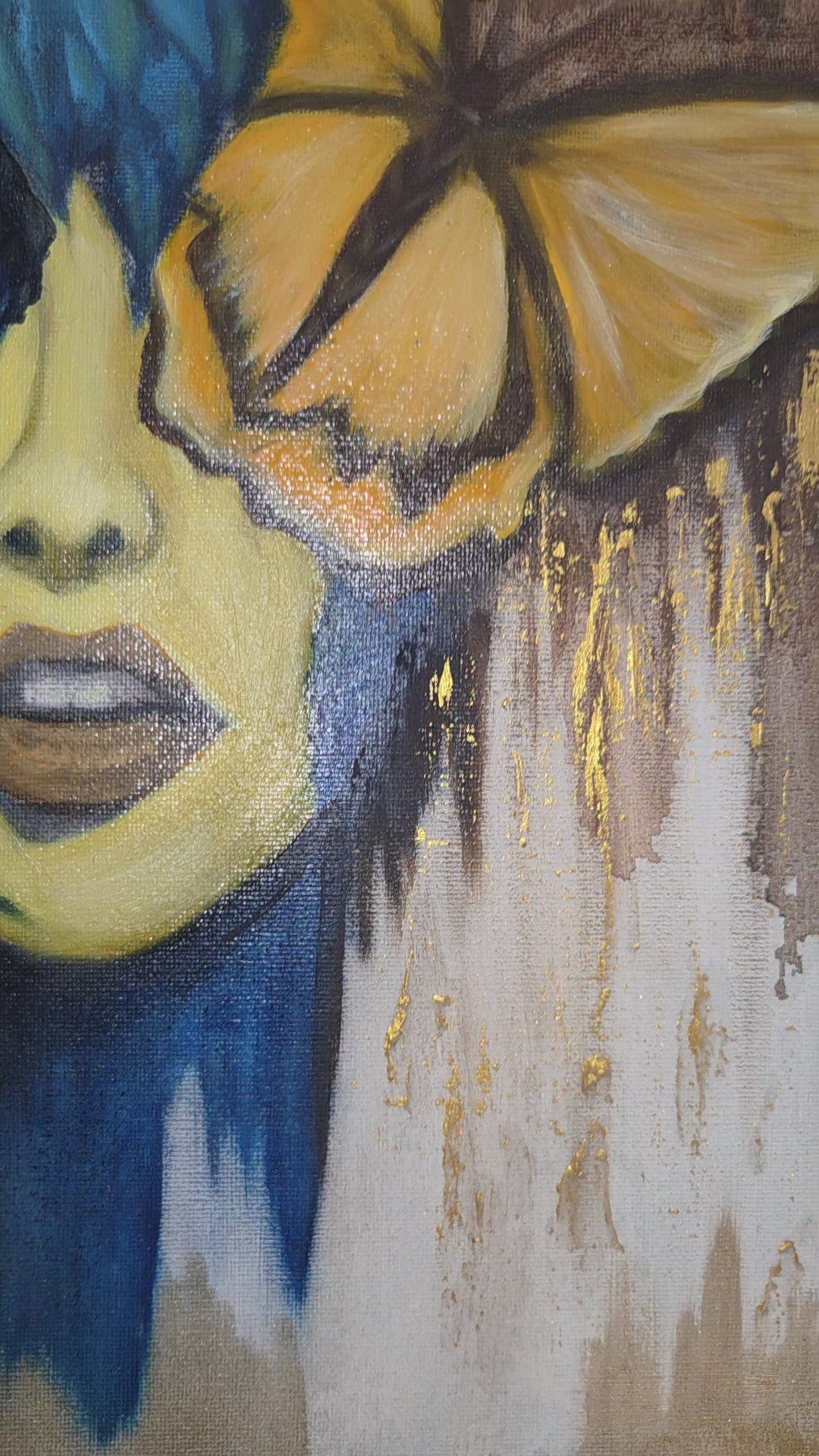 Video of an abstract portrait featuring a woman with 2 butterflies; one resting on her left eye and the other on her right side of her head on a brown-gold textured background.