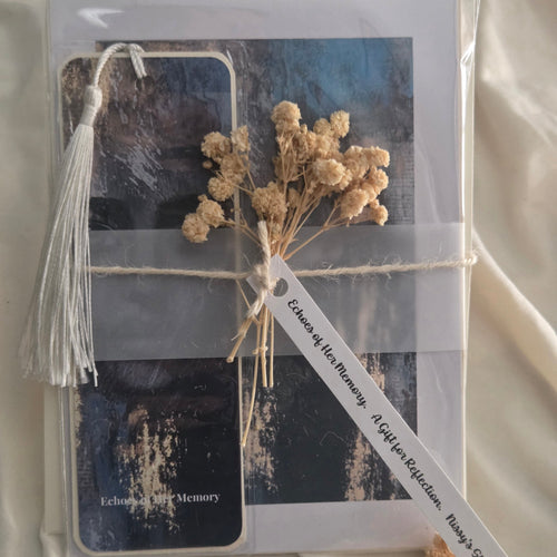 Packaged product with dried flowers and a tag on a neutral background