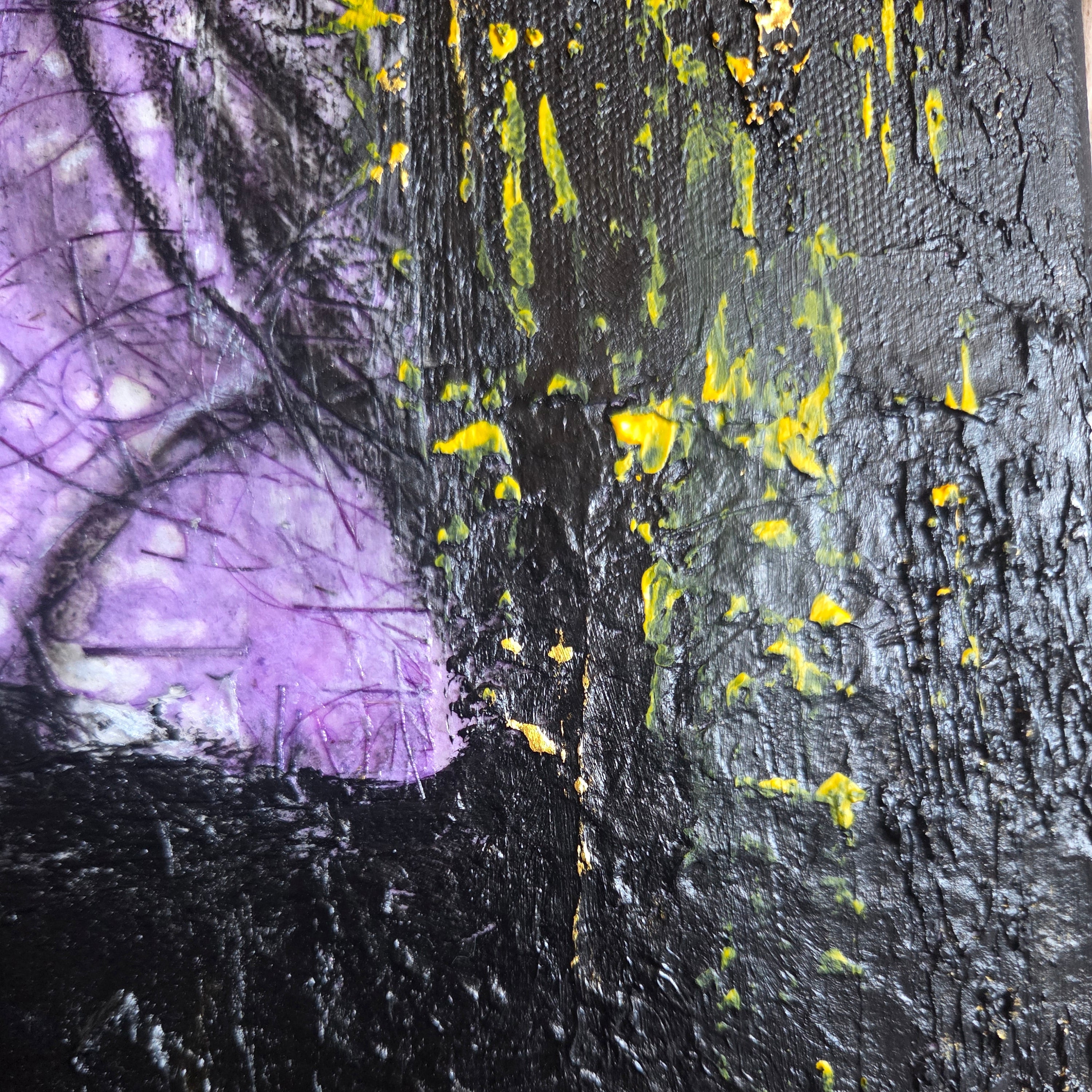 Abstract art with black, yellow, and purple colors on a textured surface