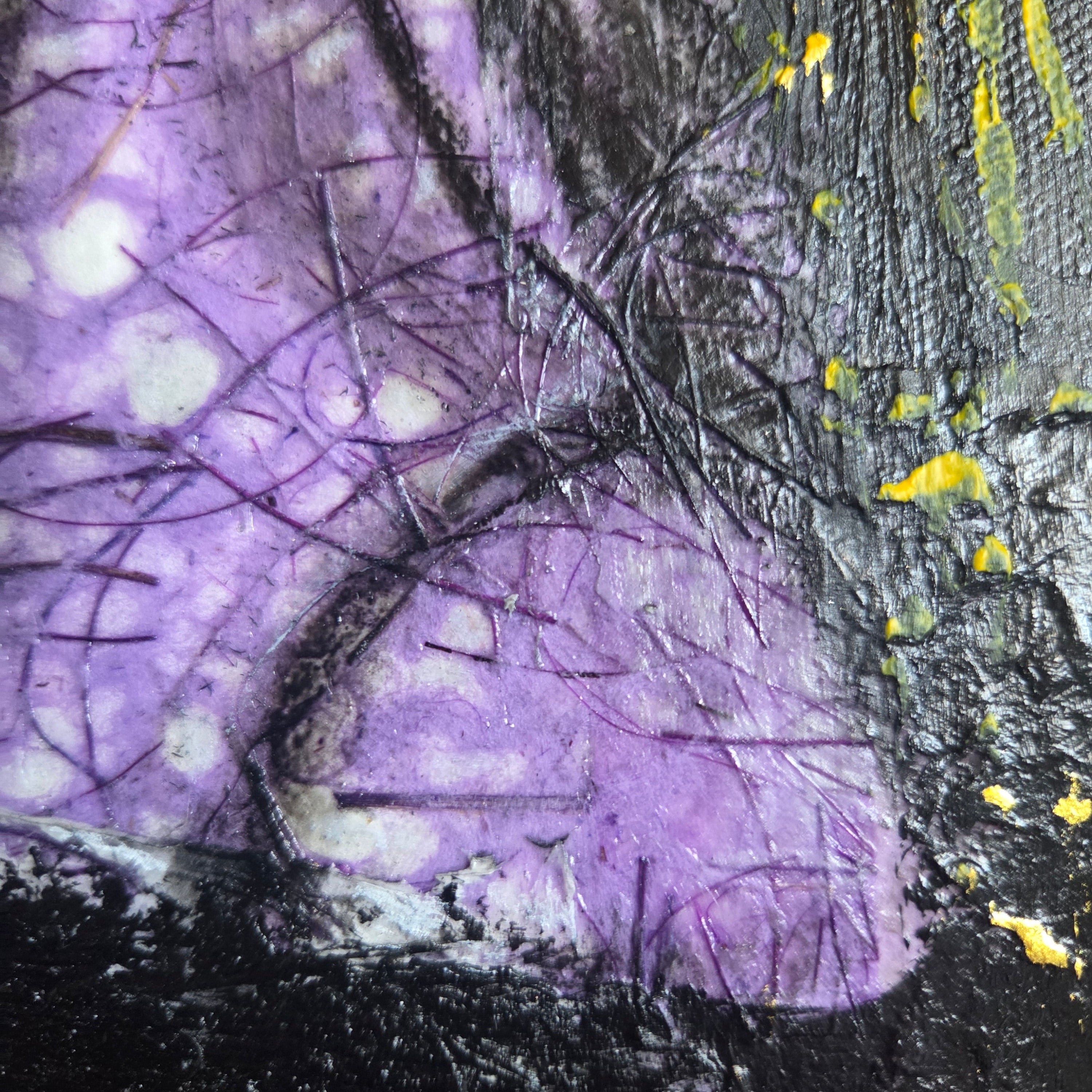 Abstract art with purple, black, and yellow colors