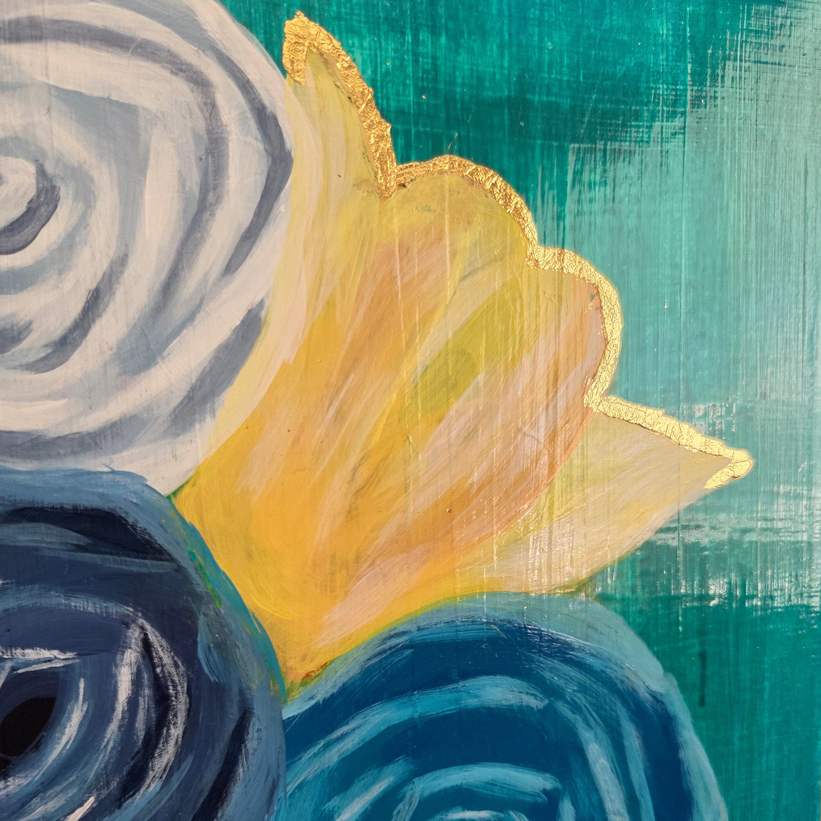 Close-up of a colorful floral painting with blue, yellow, and purple flowers on a teal background.