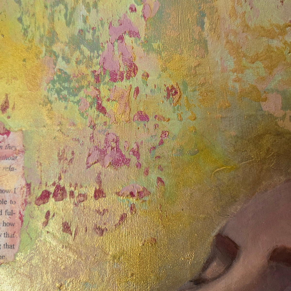 Abstract textured artwork with layered gold, green, and pink paint, featuring a torn paper element on the left and a partial view of a woman's face in the lower right corner.