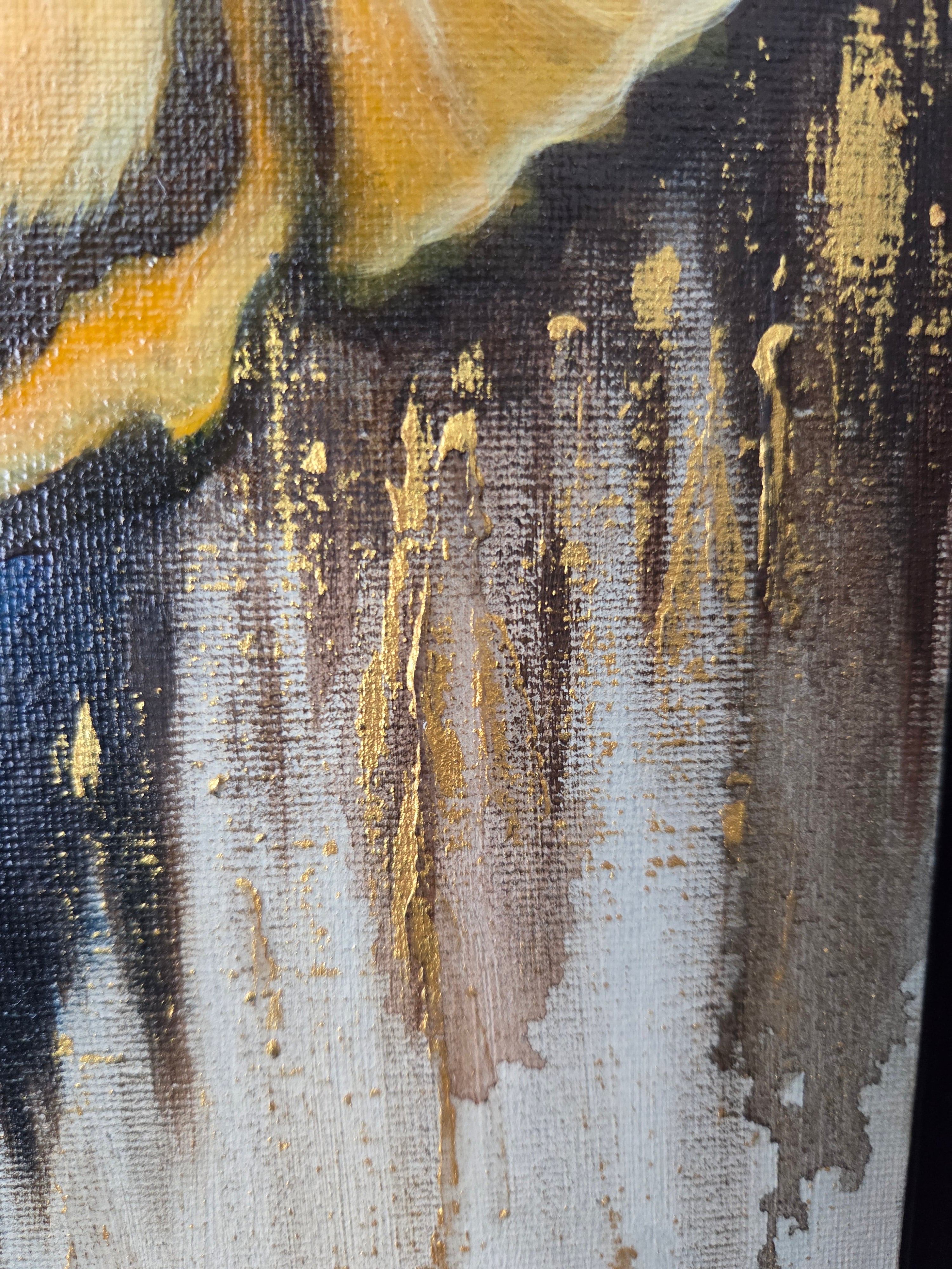 Close-up of a textured painting with visible brush strokes and color blending.