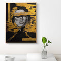 Framed textured abstract art piece of a monochromatic portrait on a black and gold background.