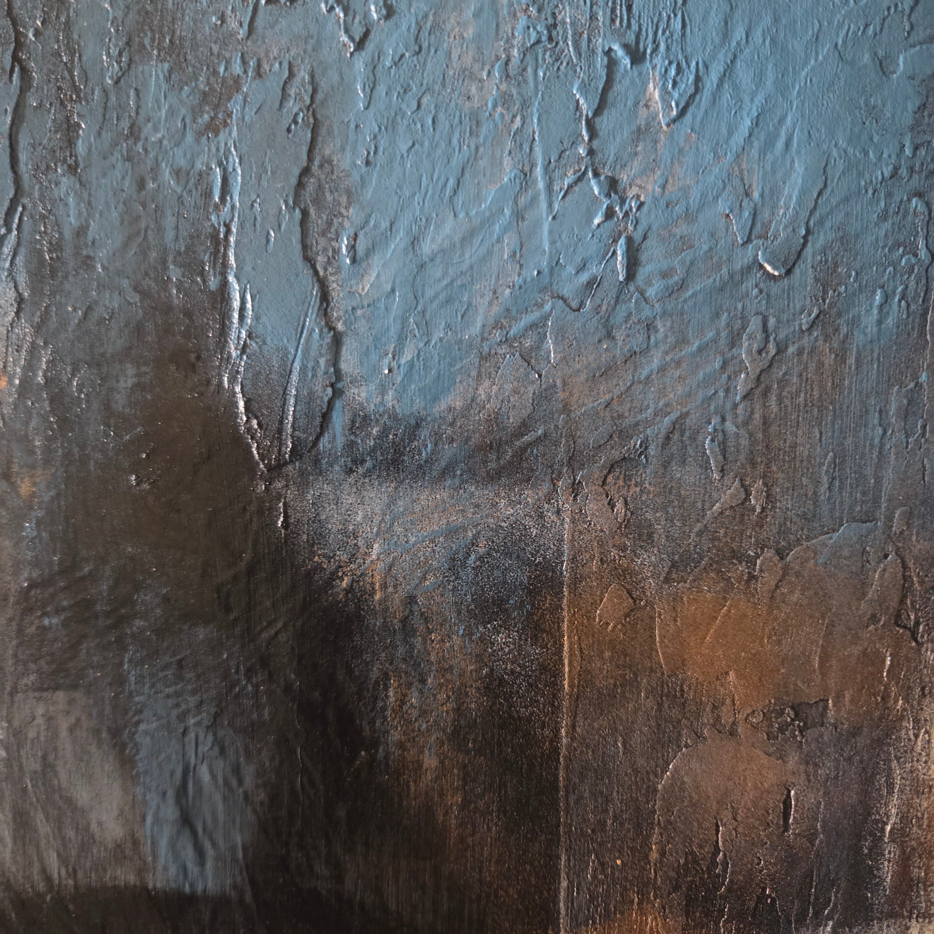 Textured painting with blue and bronze tones
