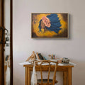 Artistic depiction of a woman with flowers on her blue hair and a hummingbird flying in front of her on a warm background. 