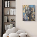 Abstract art depicting a monochromatic portrait on a blue and gold background with textured details.