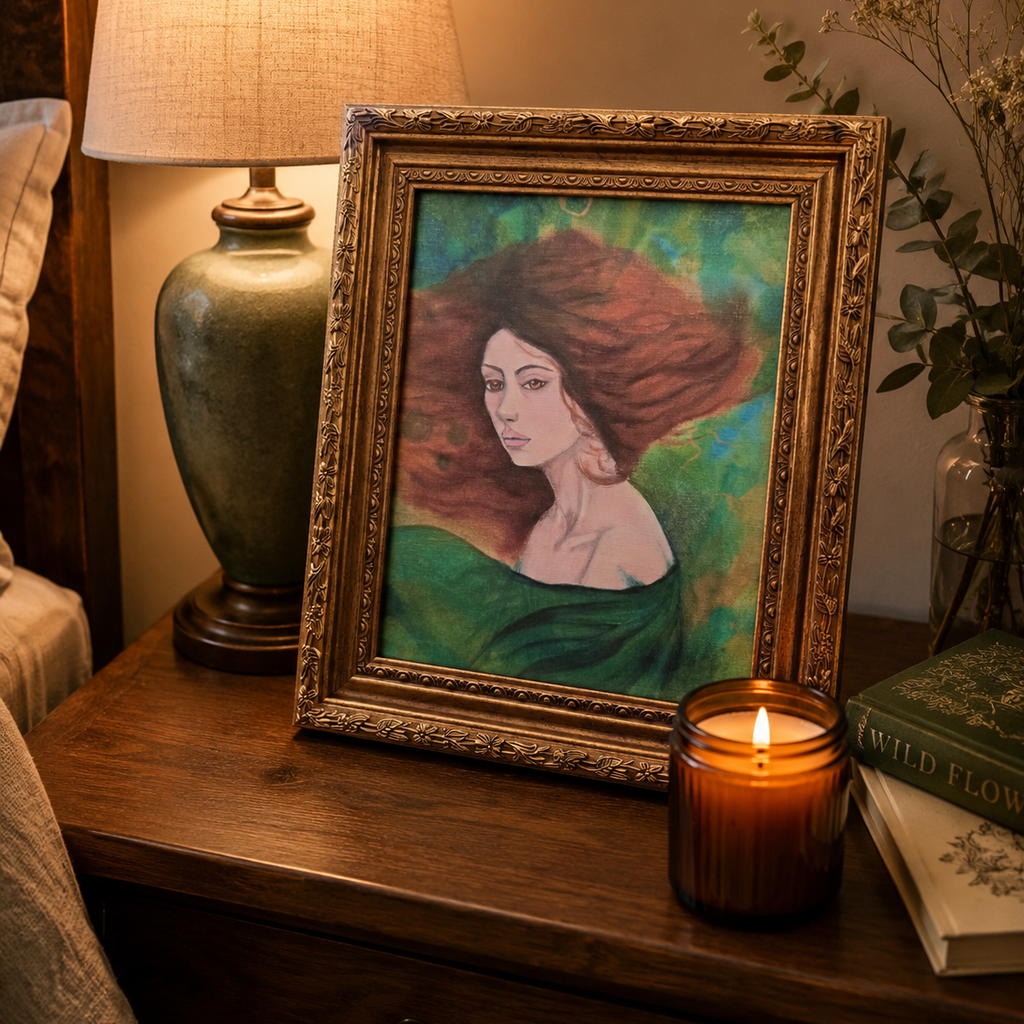 Framed portrait of a woman on a wooden surface with a lit candle and lamp in the background.