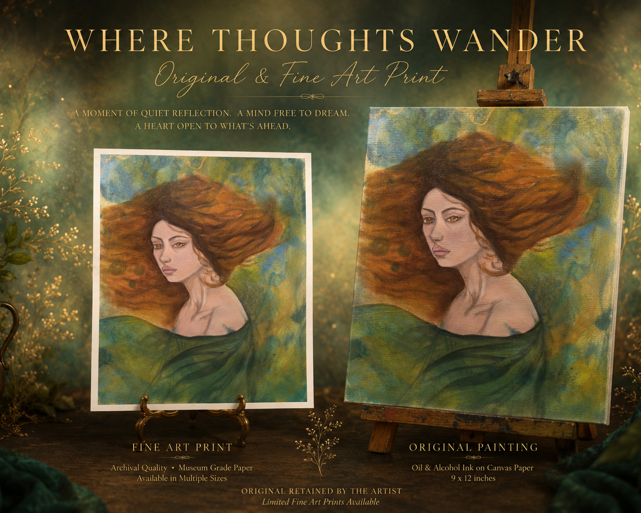 Two artworks of a woman with flowing hair on an easel against a mystical background.
