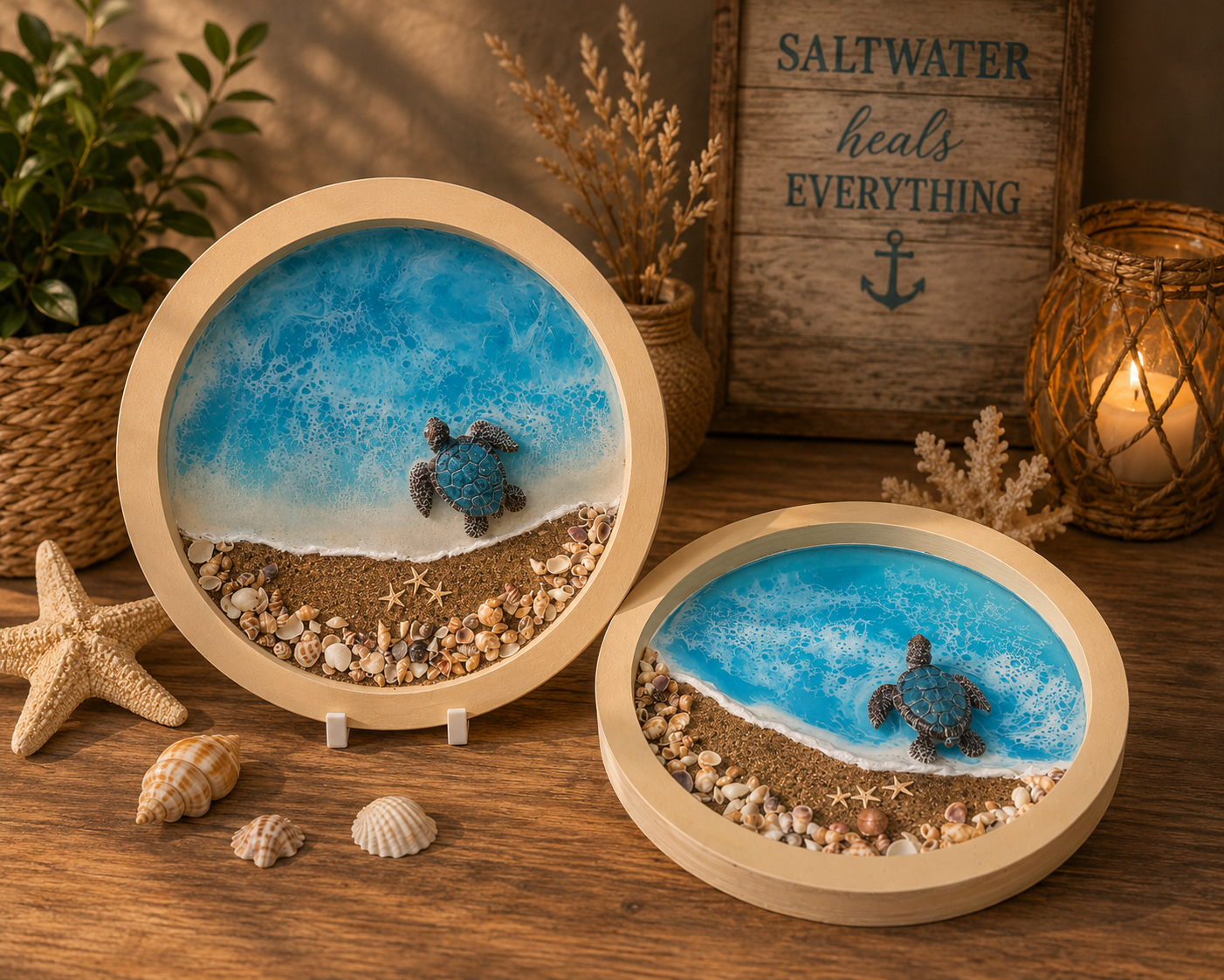 Two round wooden frames with turtle sculptures on a beach scene, surrounded by decorative items on a wooden surface.