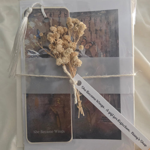Packaged product with dried flowers and text on a neutral background