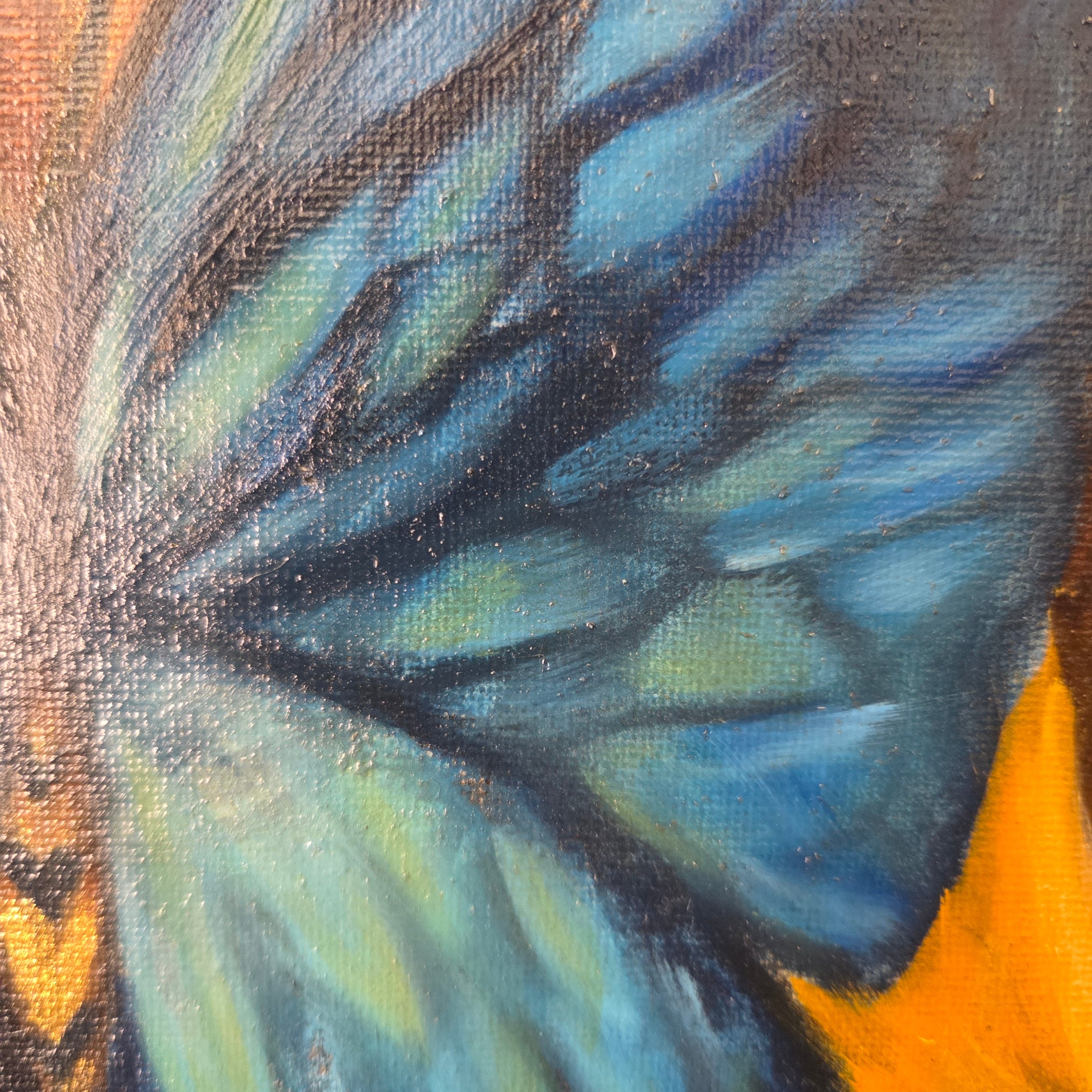 Close-up of a textured  butterfly wing surface with blue and green colors