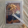 Packaged gift with dried flowers and a card on a textured surface