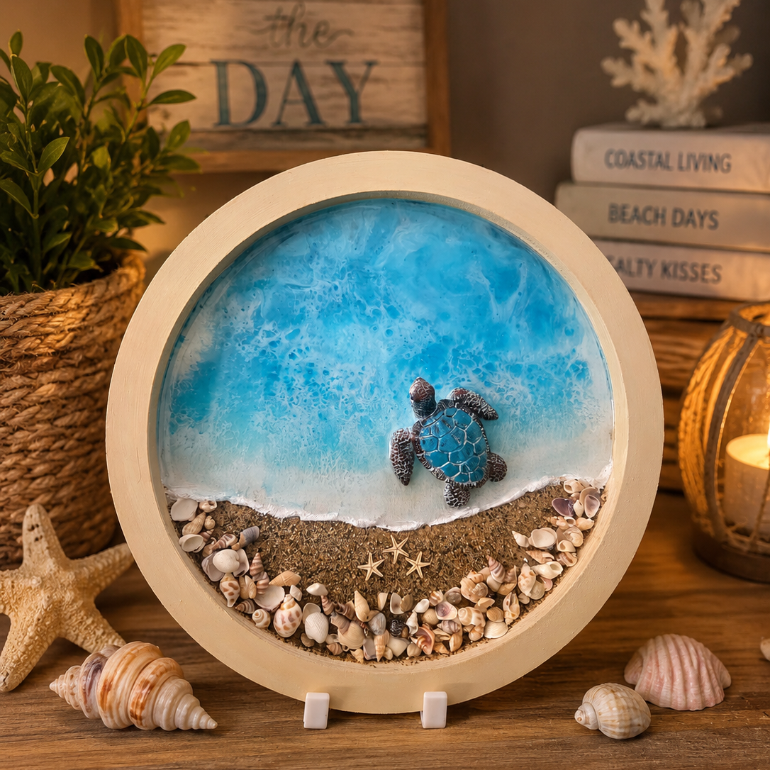 Decorative piece with a turtle on a beach scene inside a wooden round frame, surrounded by shells and plants.