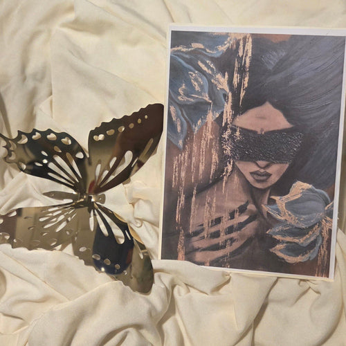 5x7 card with a stylized illustration of a woman on a textured surface