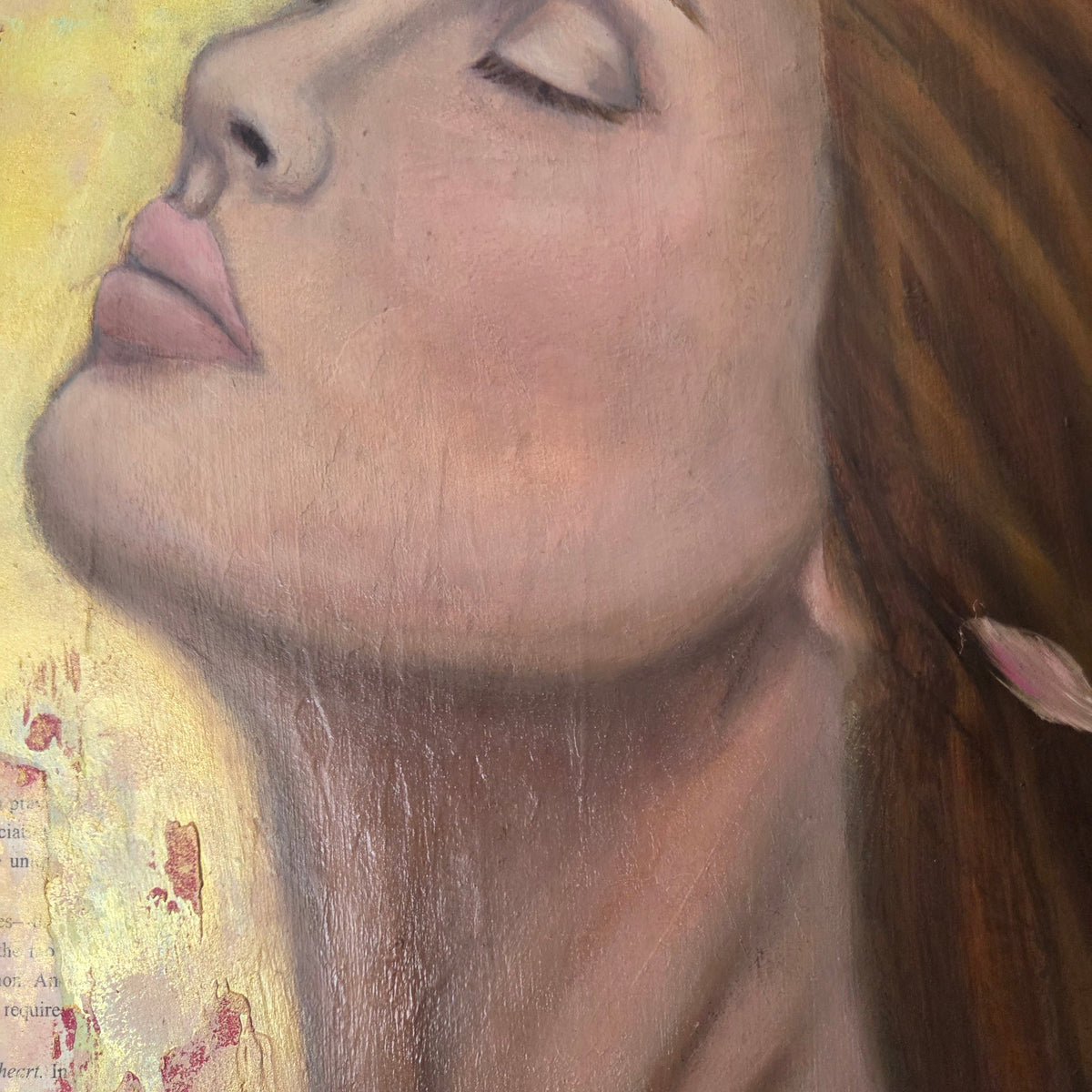 A close-up painted portrait of a woman with closed eyes and parted lips, rendered in soft, pastel-like tones, with warm gold light illuminating her face. 